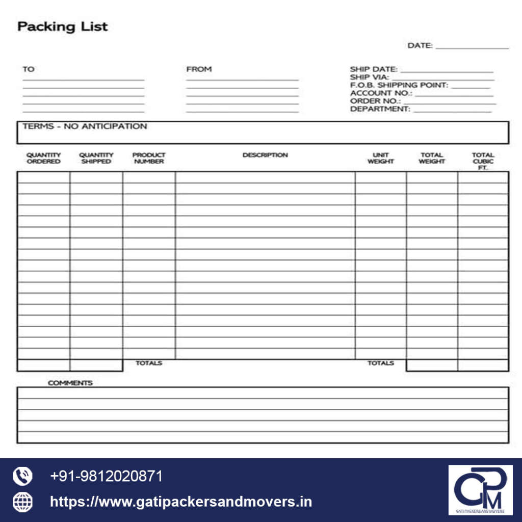 packing list for preparing a packaging list for shifting goods with gati packers and movers hyderbad