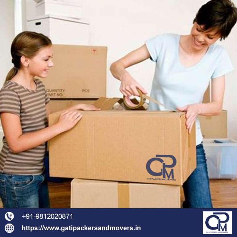 women and a girl packing gati packers and movers boxes